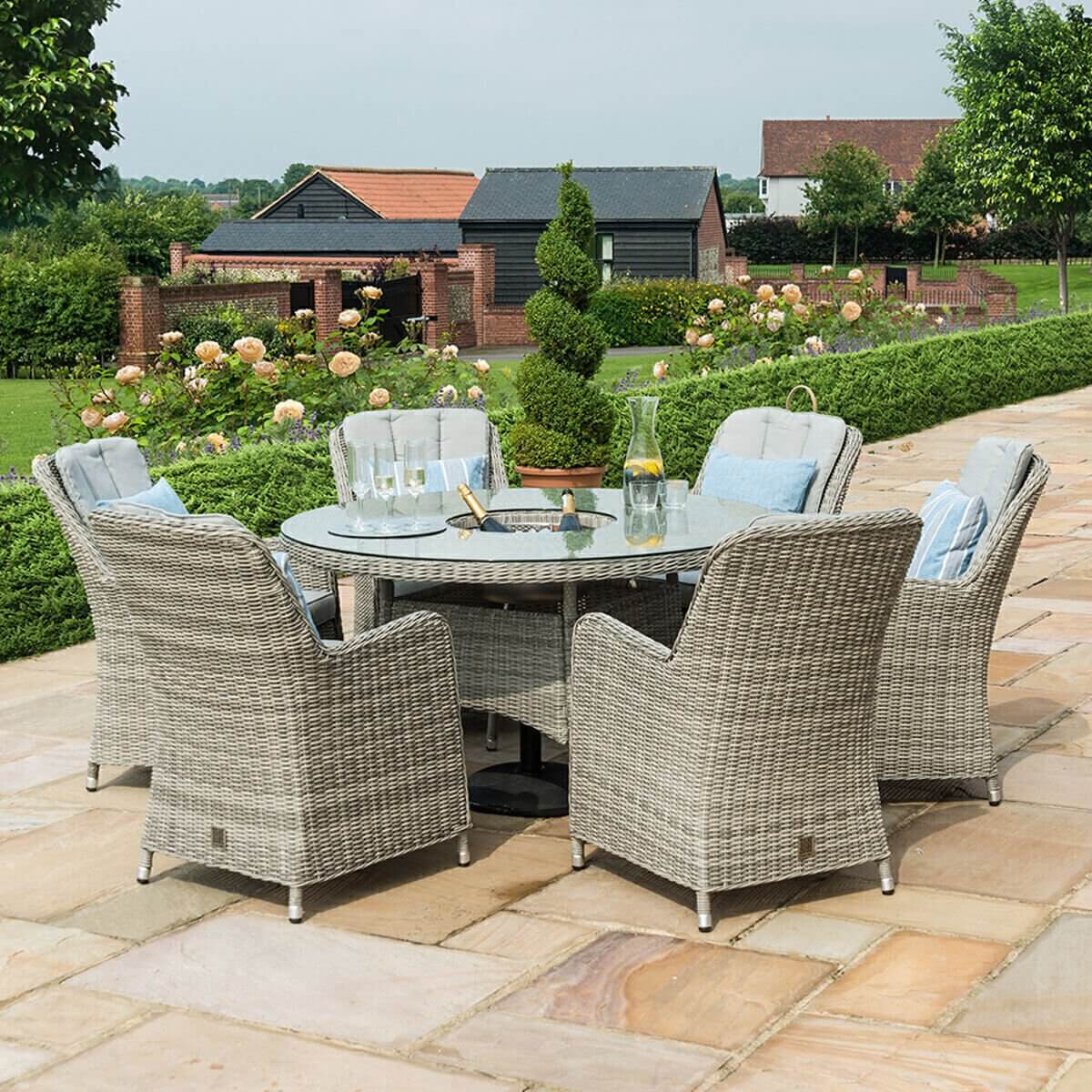 Maze Outdoor Oxford 6 Seat Round Ice Bucket Dining Set with Venice Chairs and Lazy Susan