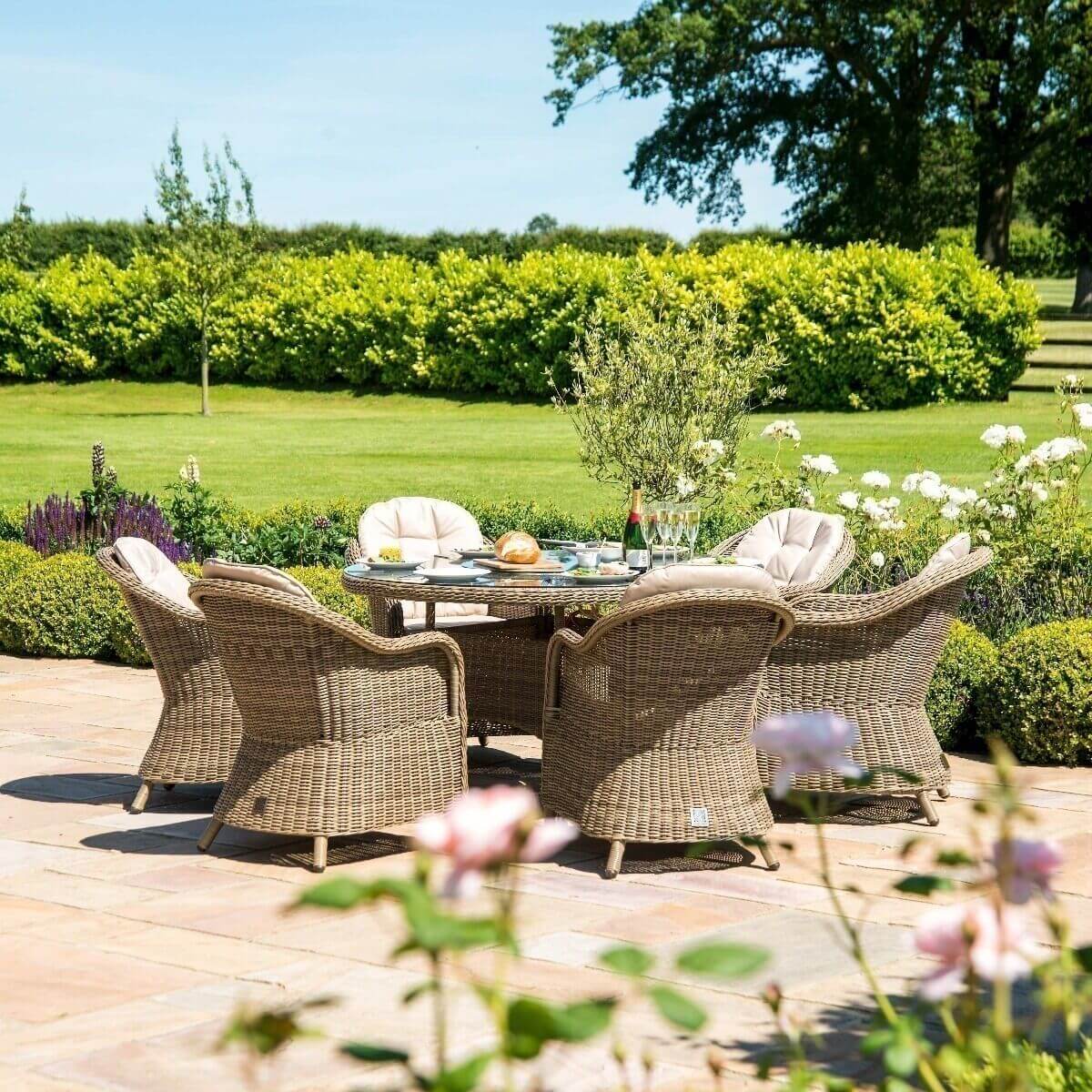 Maze Outdoor Winchester 6 Seat Round Fire Pit Dining Set with Heritage Chairs and Lazy Susan