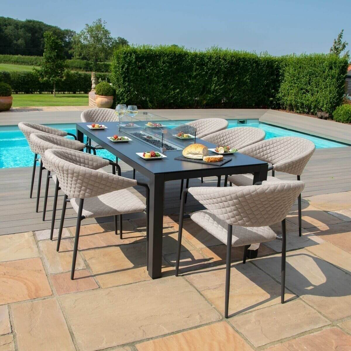 Maze Outdoor Pebble 8 Seat Rectangular Fire Pit Dining Set