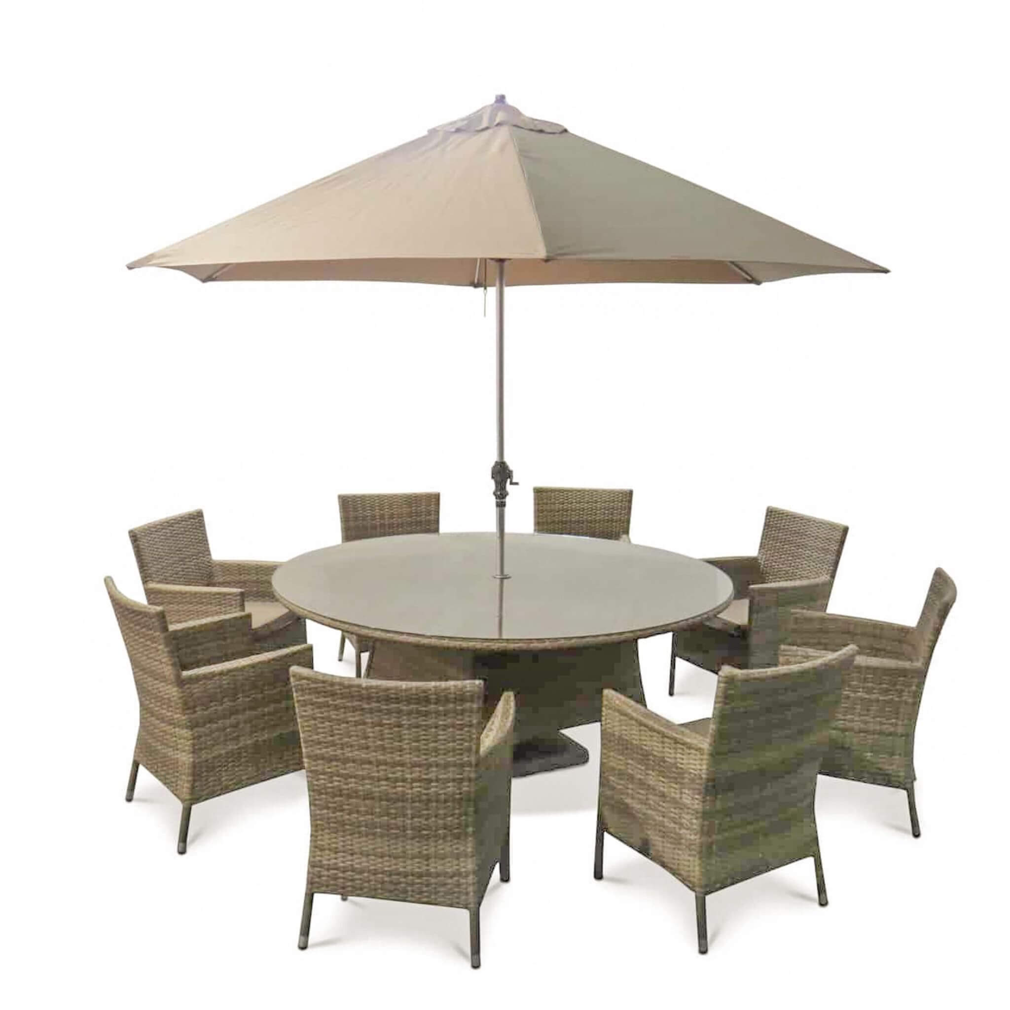 Katie Blake Sandringham 8 Seat Rattan Garden Dining Chairs, Parasol & Round Table Set