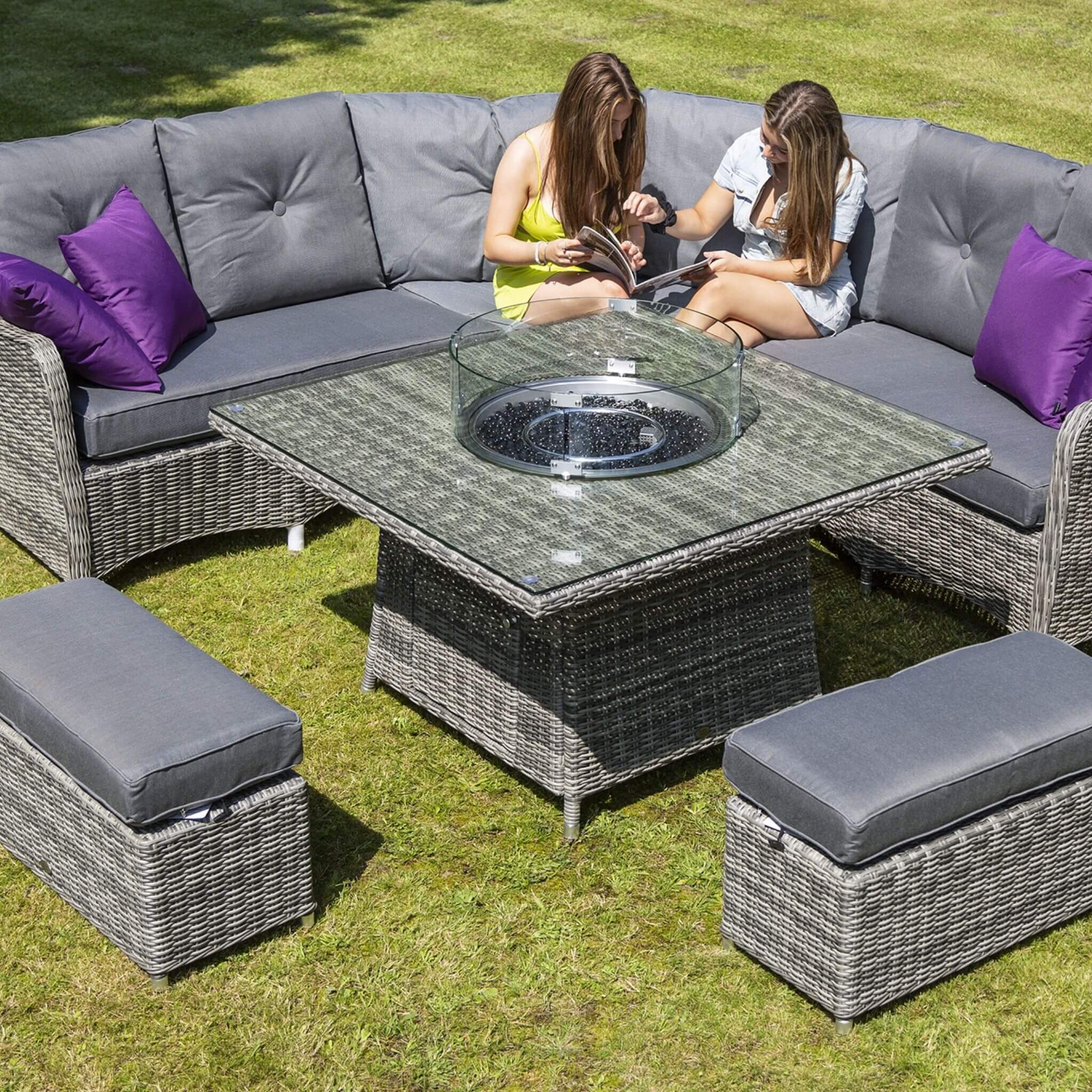 Katie Blake Seville 8 Seat Rattan Corner Dining Set with Fire Pit Table, 2 Footstools & Square Table