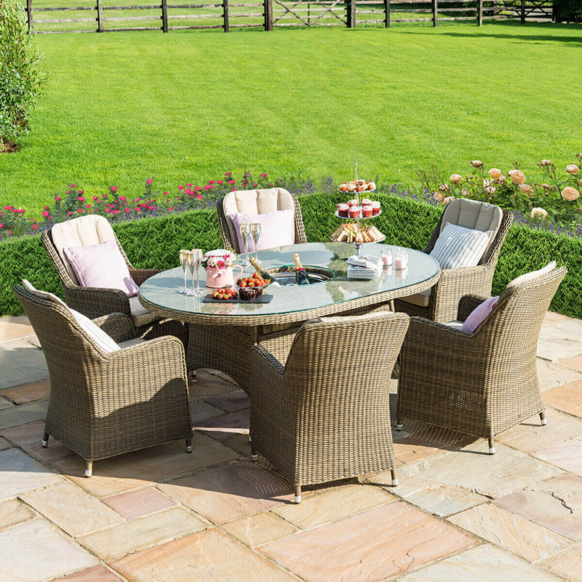 Maze Outdoor Winchester 6 Seat Oval Ice Bucket Dining Set with Venice Chairs and Lazy Susan