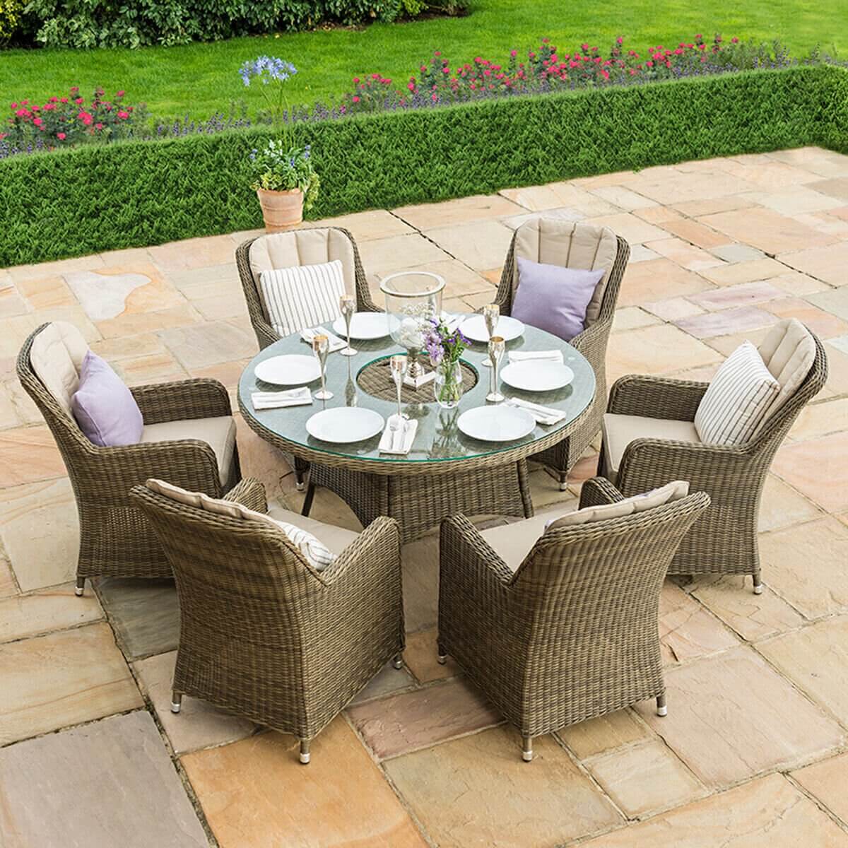 Maze Outdoor Winchester 6 Seat Round Ice Bucket Dining Set with Venice Chairs and Lazy Susan