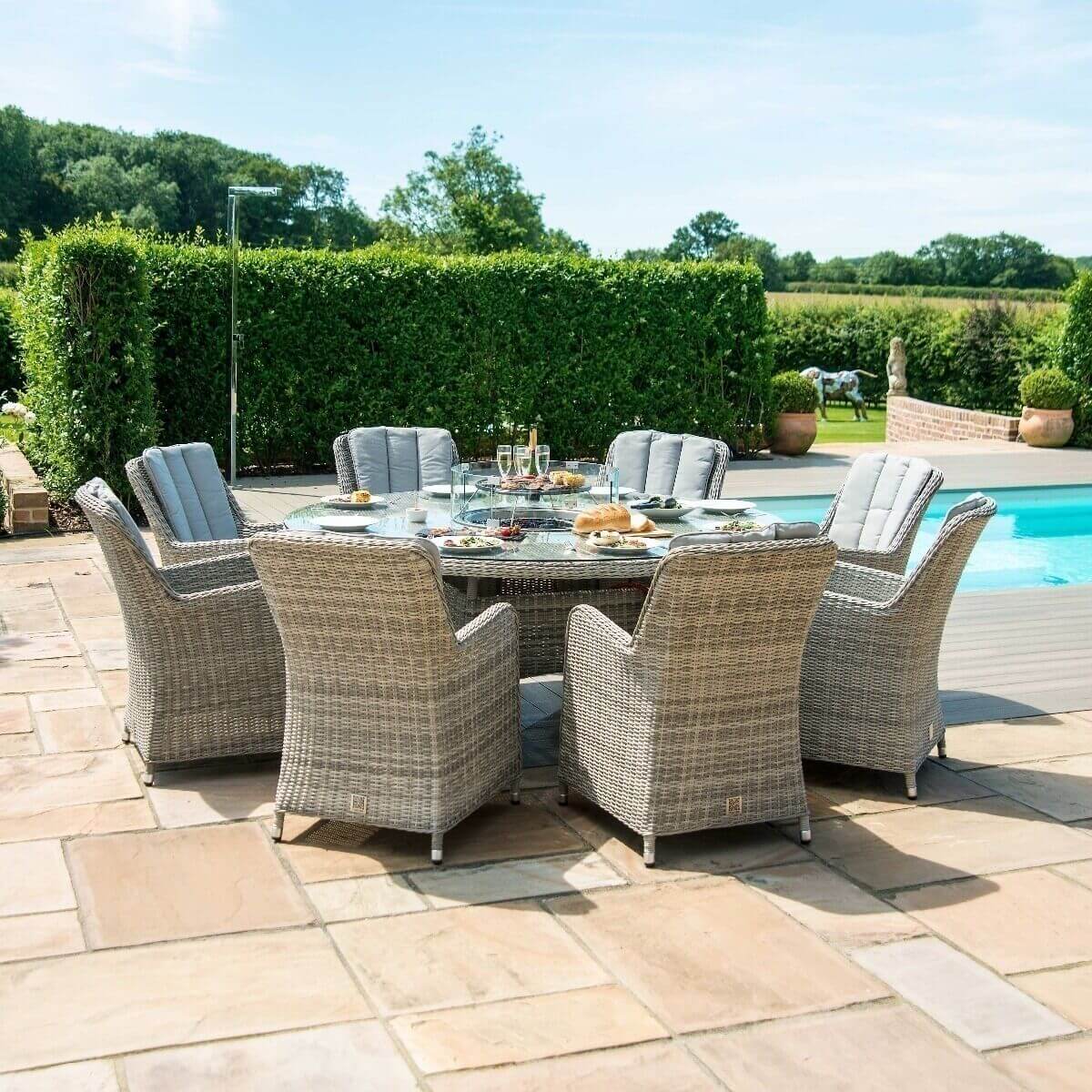 Maze Outdoor Oxford 8 Seat Round Fire Pit Dining Set with Venice Chairs and Lazy Susan